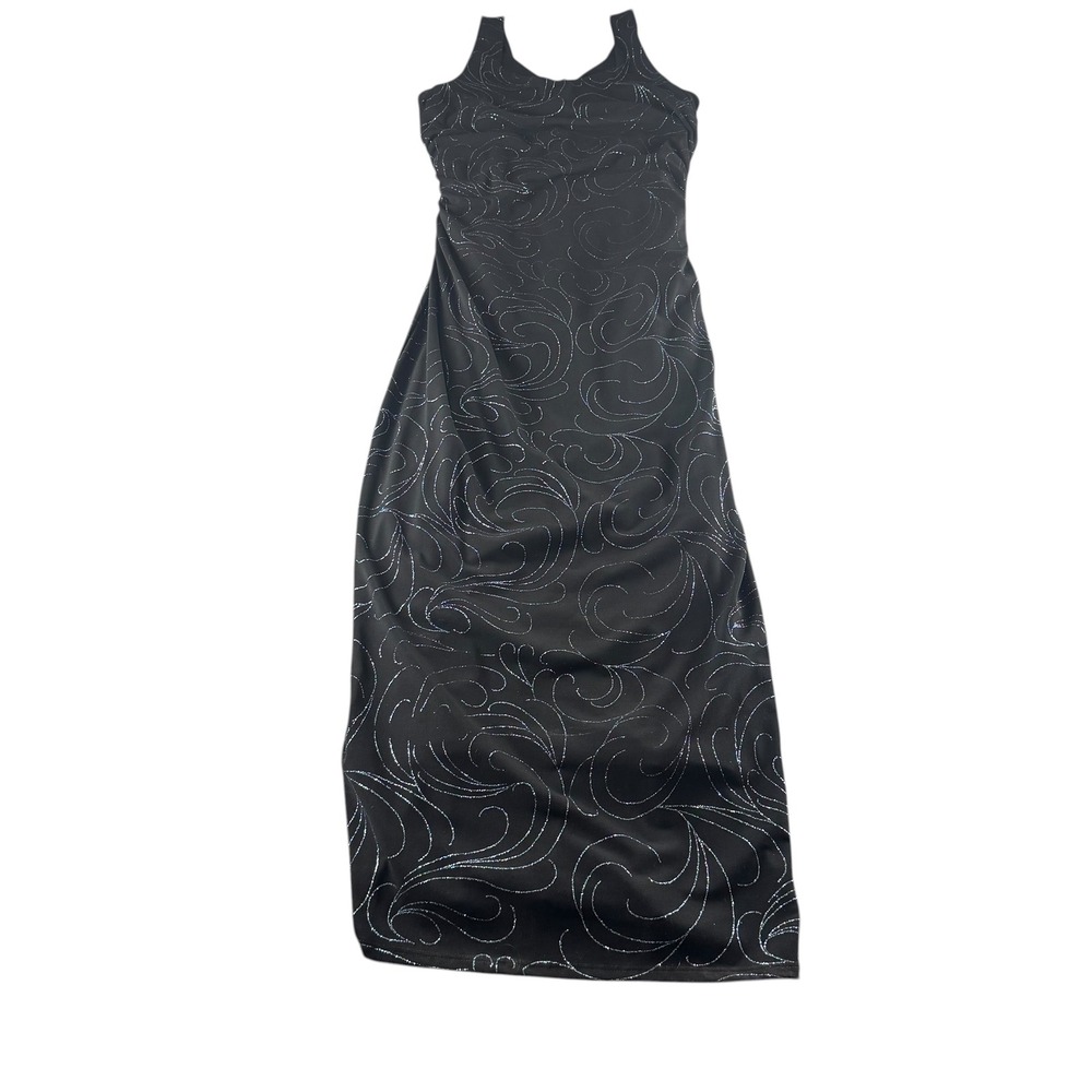 AGB Byer California Black Silver Glitter Swirl‎ Ruched Maxi Dress Size 12 V-Neck - Picture 5 of 6